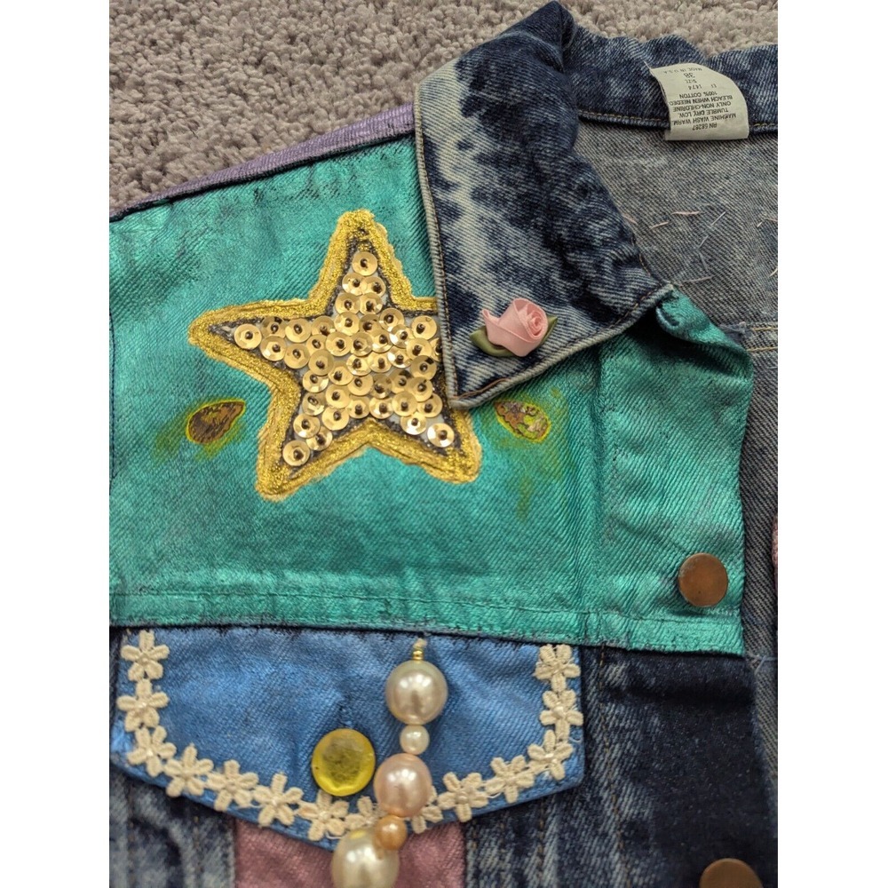 Vintage Congo Trader Denim Jacket Womens 38 Blue Button‎ Beaded Punk Inspired - Picture 3 of 8